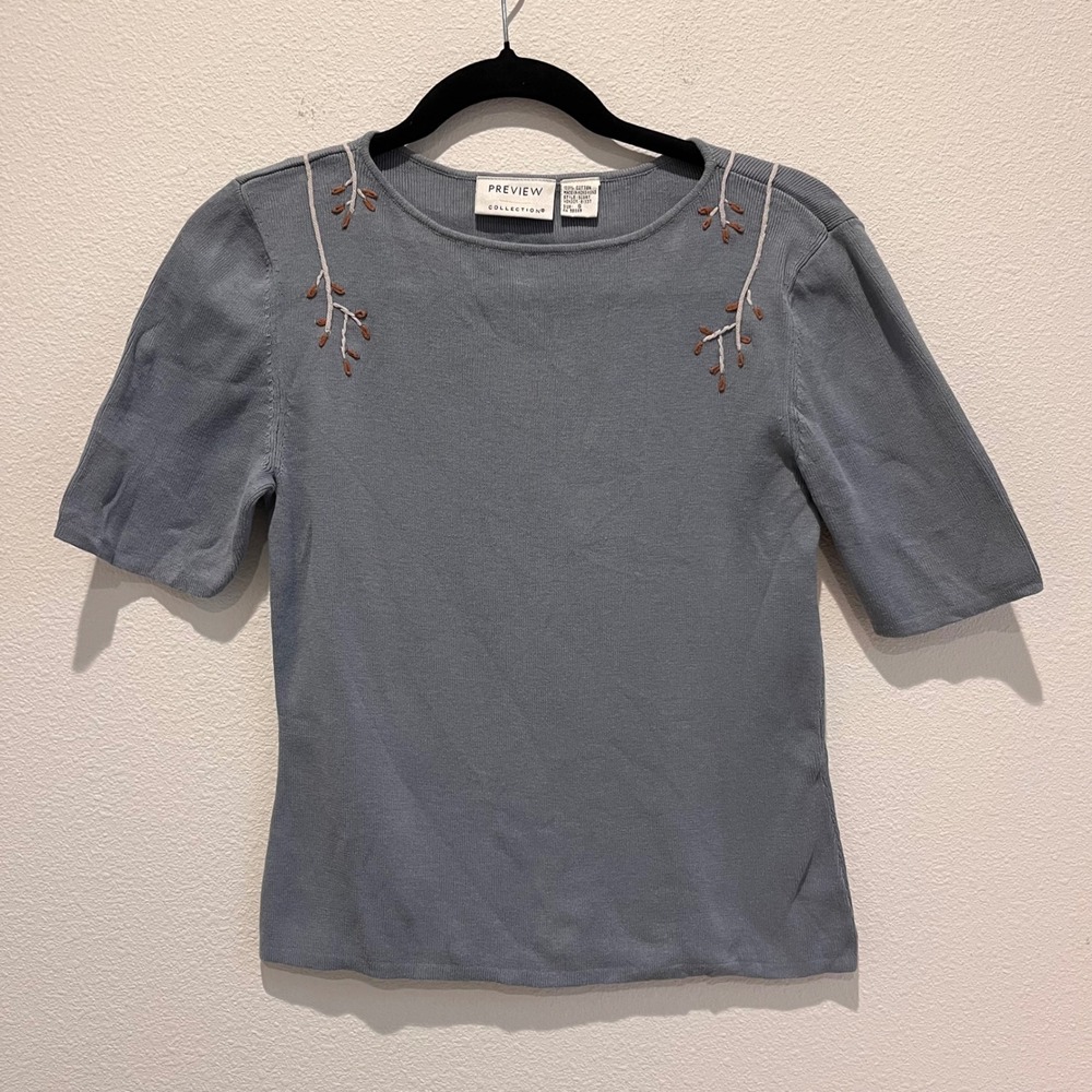 Preview Collection Womens Blue Cotton Knit Short Sleeve Embroidered Top Size S